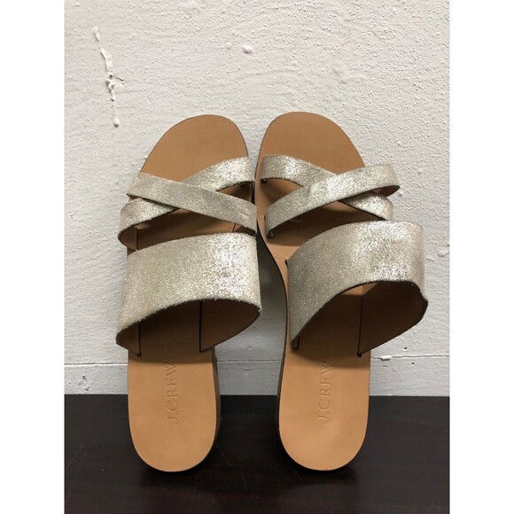 J Crew Made in Italy Women Slip On gold Leather Flat Sandals Slides shoes Size 6 - Picture 8 of 10